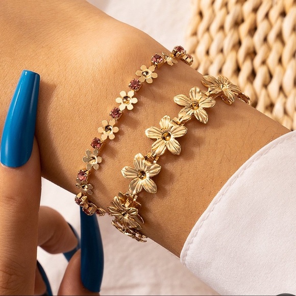 Gold Flower Rhinestone Gem Bracelet Set 2pc - Picture 1 of 5